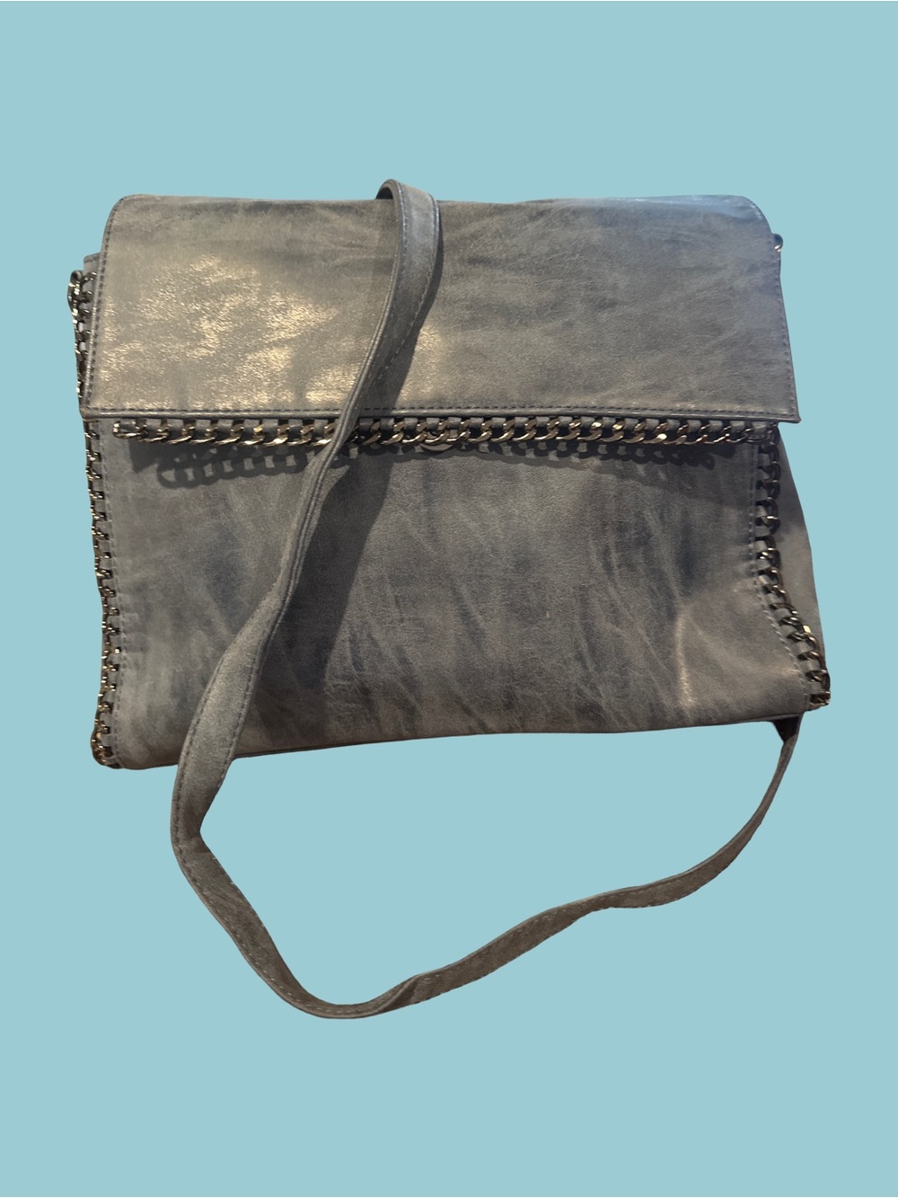 Grey Chain-Trim Crossbody Shoulder Bag